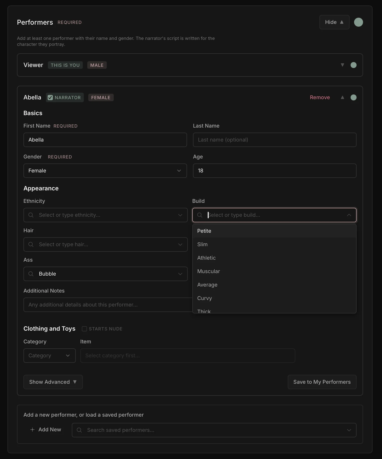 Character builder interface